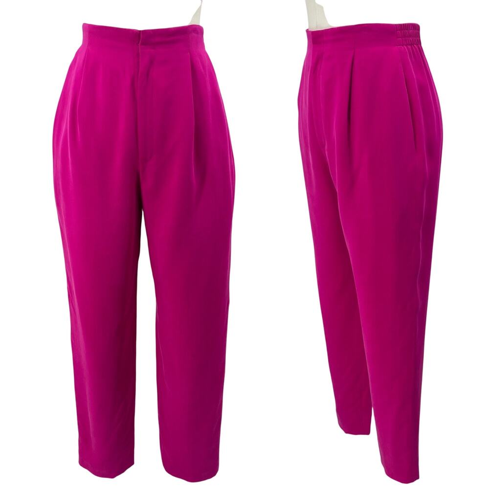 Vintage 80s Silk Pants Trousers High Rise Pleated Straight Leg Magenta Hot Pink